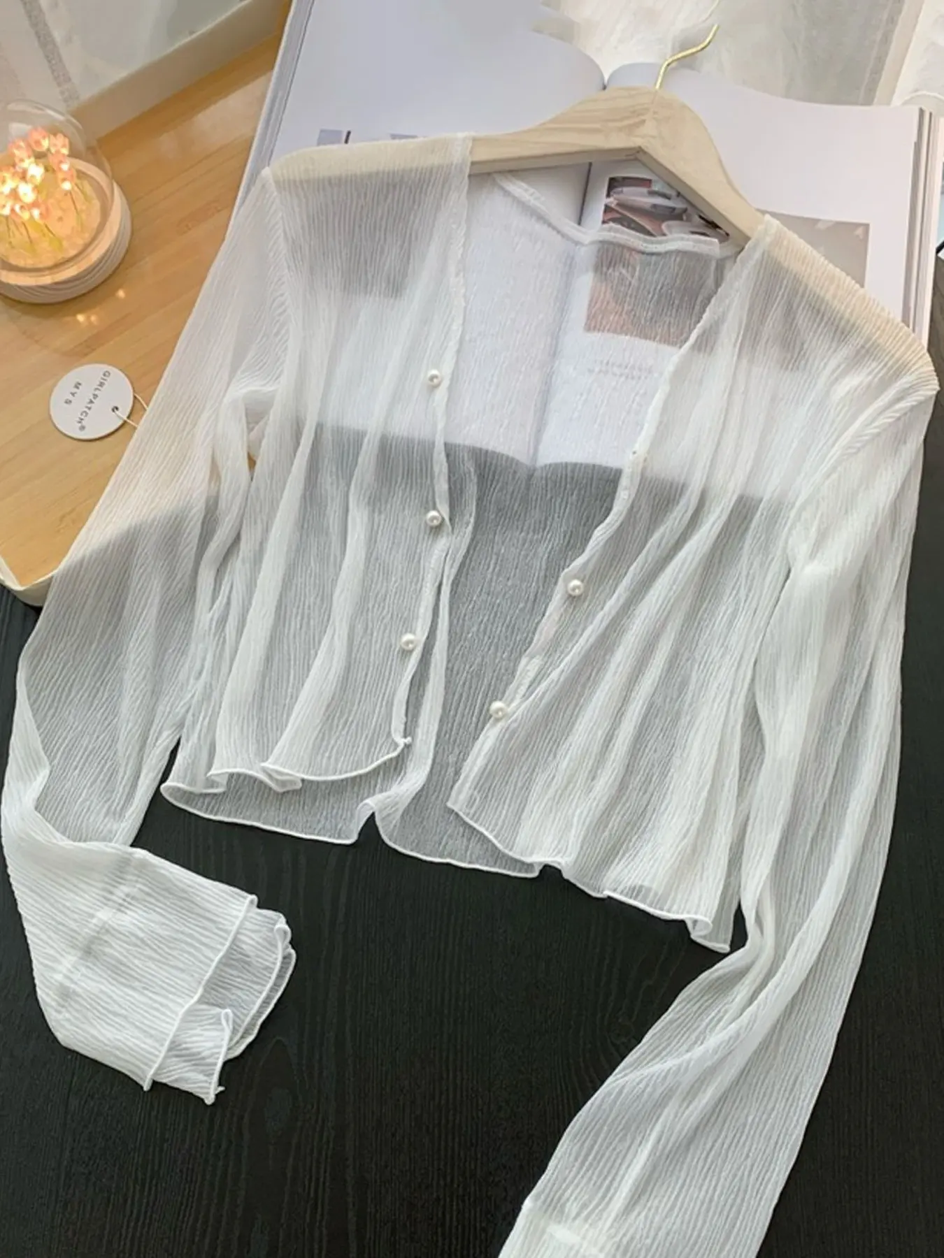 Thin Sun Protection Chiffon Cardigan, Pearl Button Long Sleeve Outerwear, Summer Autumn New Arrival, Casual Women's Shawl