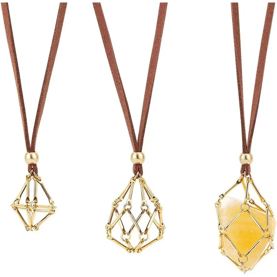 3 count 3 Sizes Adjustable  Necklace Holder Empty Stone Holder Faux Suede Cord Necklace with Golden Empty  Cage Brass Macrame Pouch for DIY Pendant Necklaces Making