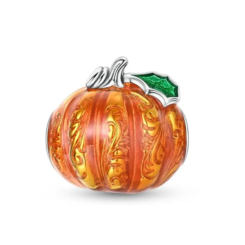 MULA 925 Silver Enamel Pumpkin Pendant, Vintage Autumn Orange Charm Bead, Compatible with Pandora Bracelets, Perfect Fall Holiday Gift for Her and Kids