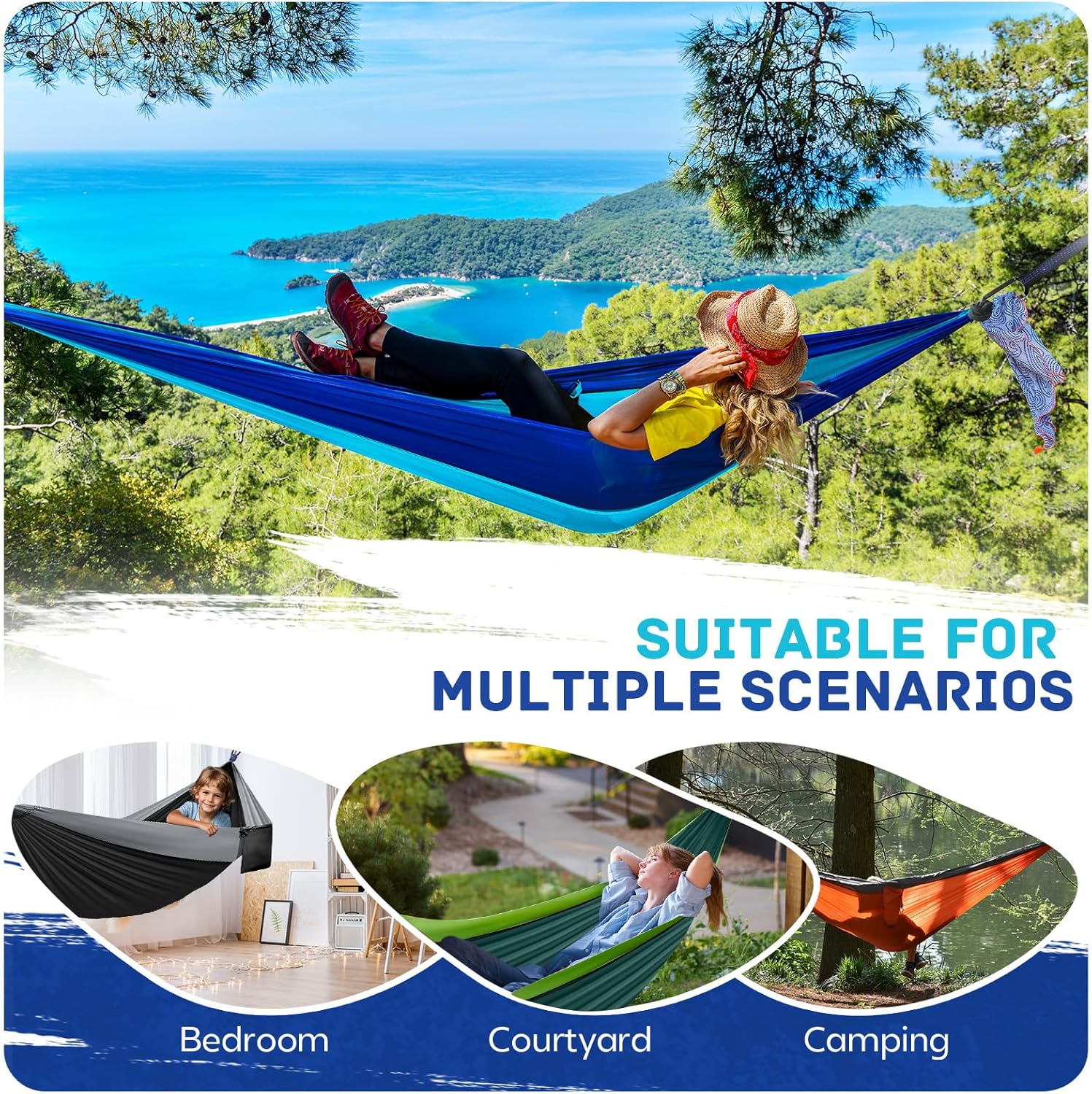 Camping Hammock Lightweight, Portable Hammocks Parachute Hammock with Two Tree Straps, Single or Double Travel Swing Nylon Camp Hammocks, Outdoor Essentials for Beach Backpacking Hiking for Gifts, Blue