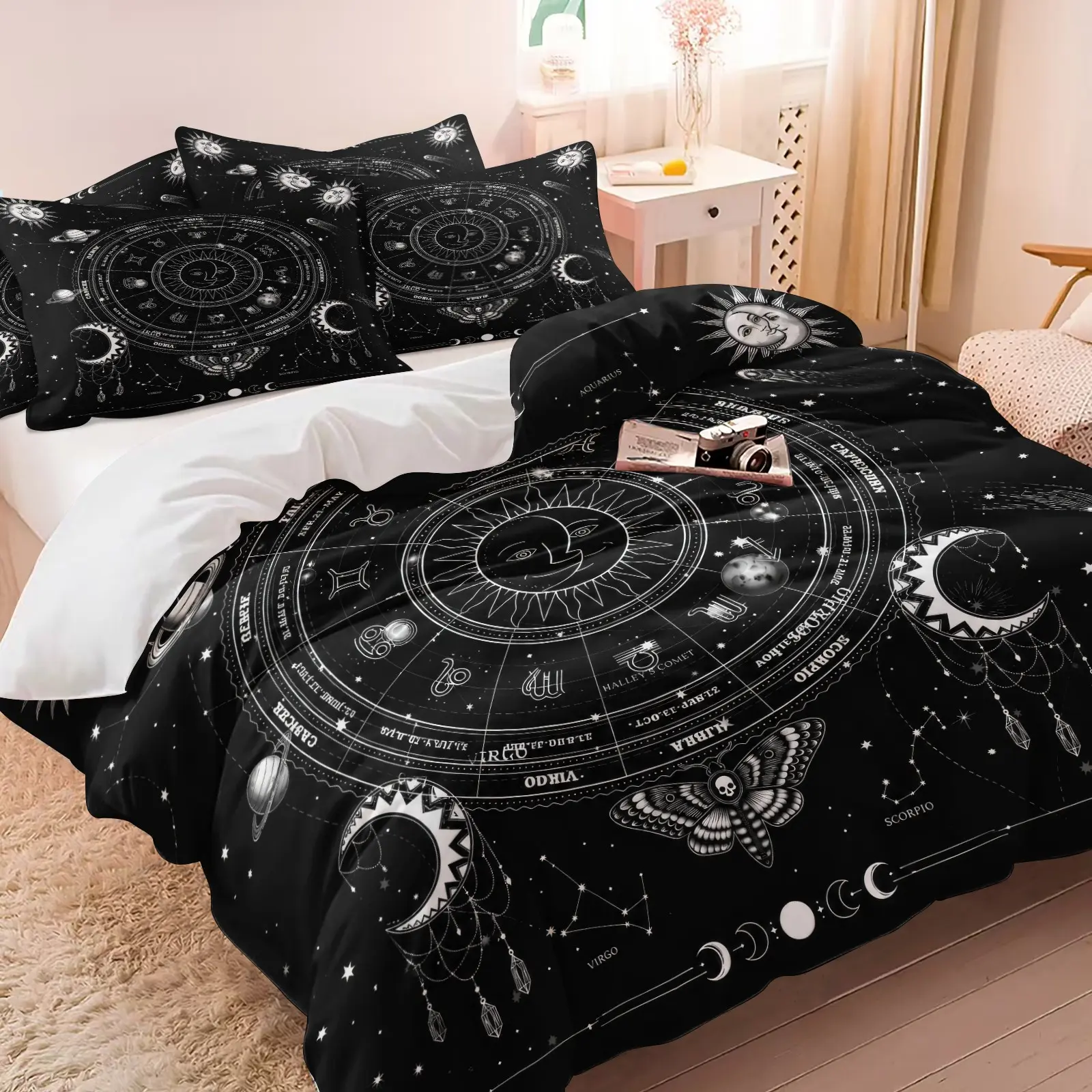 Black Celestial Zodiac Star Chart Duvet Cover Set, 1 Duvet Cover + 1/2 Pillowcases, Gothic Moon Phase Planet & Moth Print, Fade Resistant Soft Microfiber, Soft Cozy Breathable Fabric, Mysterious Room Decor for Teenagers