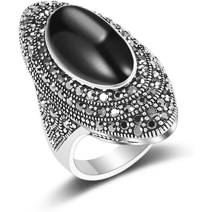 Black Stone Ring for Women Men, Vintage Gothic Statement Ring, Large Oval Black Onyx Style Ring, Retro Boho Jewelry, Antique Silver Plated Cocktail Ring, Bold Fashion Jewelry, Minimalist Chunky Ring Gift for Birthday Anniversary
