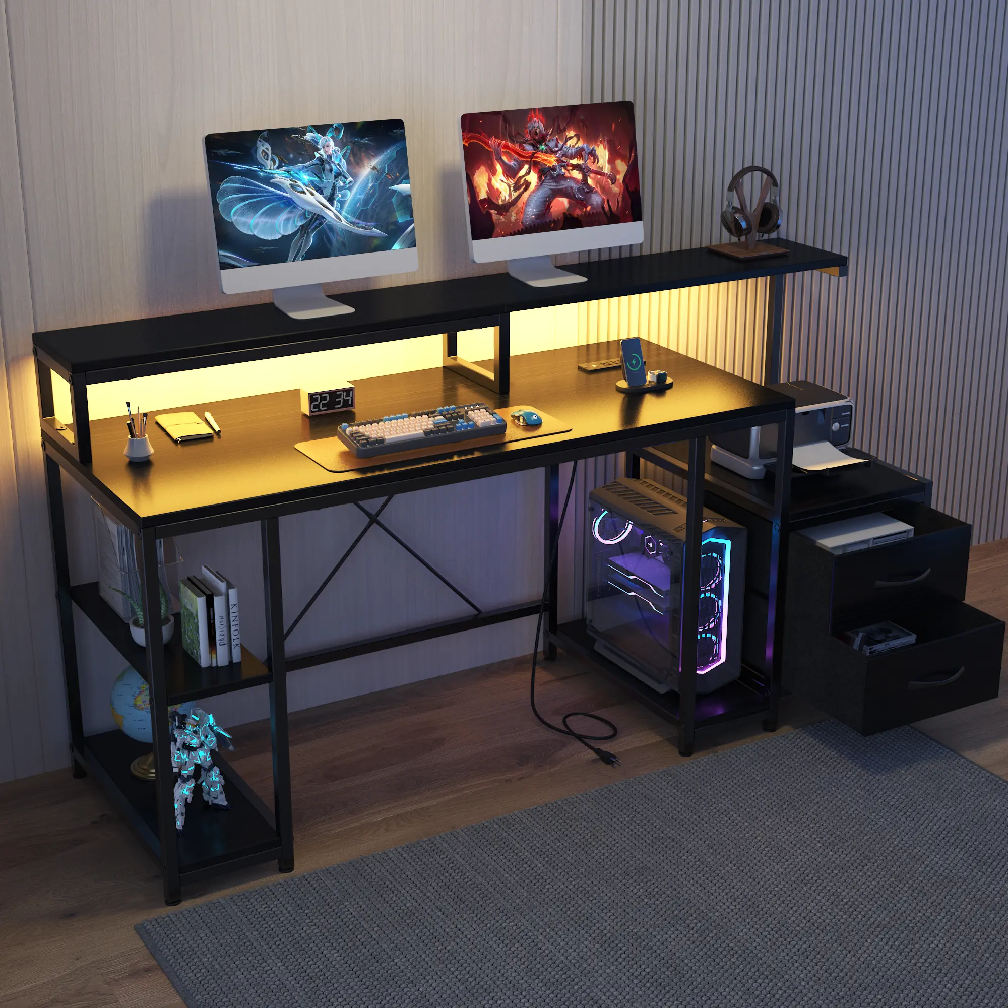 63 Inch Modern Computer Desk Only with LED Light, Power Outlets, Storage Shelves, Monitor Stand and Printer Space, Ergonomic Home Office Writing Table for Work, Study and Gaming