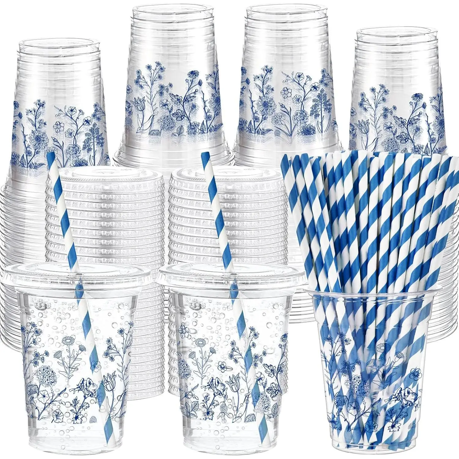 50 count Blue Boho Wildflower Cups 12 oz Clear Plastic Disposable Floral Cups with  and Straw for Spring  Boy Shower Wedding Beach Picnic  Day  Party Scandinavian Style