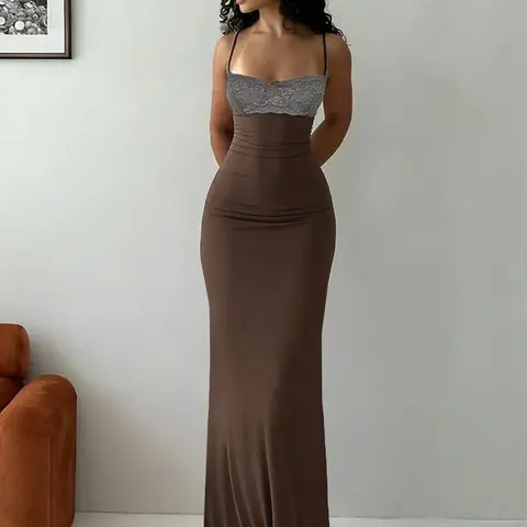 Elegant Tight Fit Lace Patchwork Sexy Halter Sleeveless Long Dress, Women's Colorblock Bow Adjustable Back Vacation Style Summer New Arrival A-Line Womenswear Spaghetti Strap Sundress