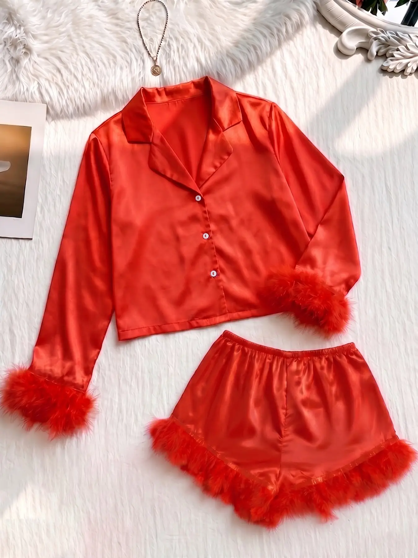 Luxury Silk Satin Pjs Set, Feather Cuff Long Sleeve Shirt & Shorts, Women's Elegant Valentine Night Sleepwear