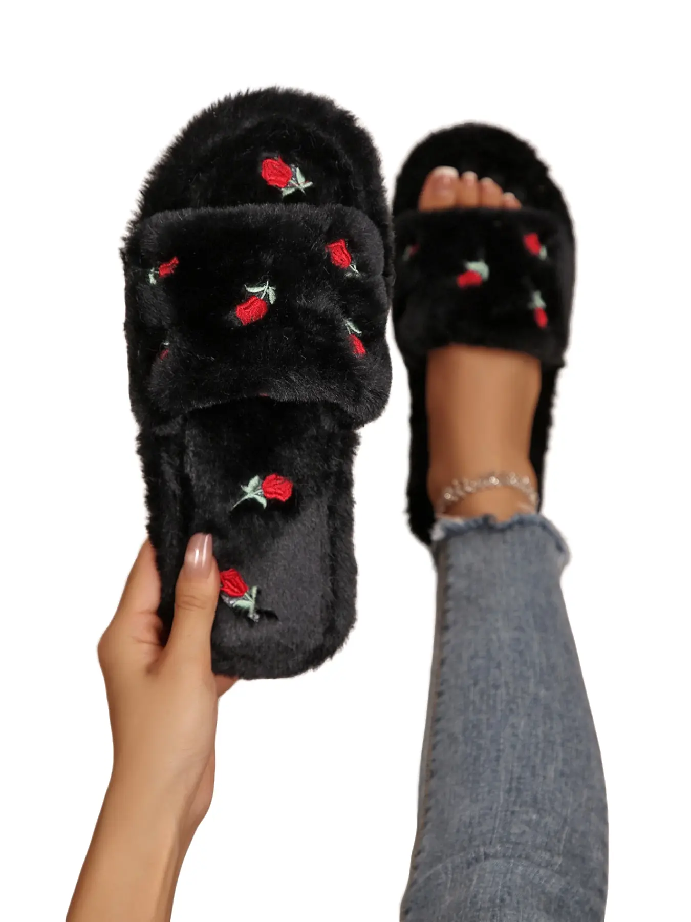 Women's Sweet Cool Style Rose Embroidery Plush Slip-On Sandals, Large Sizes Available, Soft Fluffy Open-Toe Shoes, Indoor Outdoor Casual Home Footwear