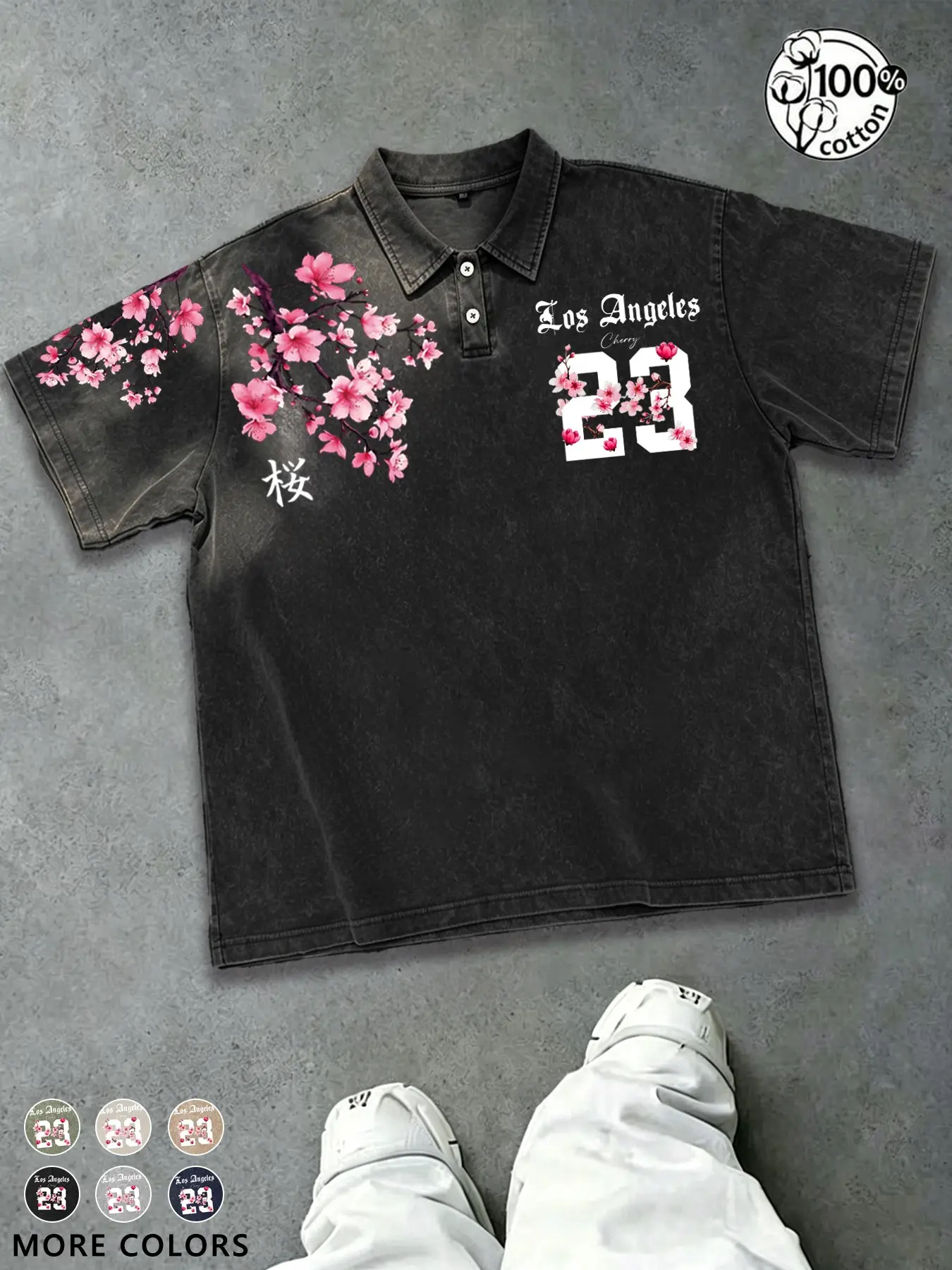 Y2K Style Unisex Polo Shirt, 100% Pure Cotton Los Angeles "Sakura 23" Graphic — 240g Heavyweight Washed Cotton Short-Sleeve Polo T-Shirt Short Sleeve,Suit Streetwear, Couples Fashion, Men's Gift