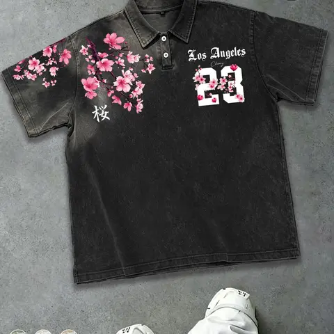 Y2K Style Unisex Polo Shirt, 100% Pure Cotton Los Angeles "Sakura 23" Graphic — 240g Heavyweight Washed Cotton Short-Sleeve Polo T-Shirt Short Sleeve,Suit Streetwear, Couples Fashion, Men's Gift