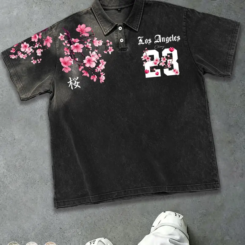 Y2K Style Unisex Polo Shirt, 100% Pure Cotton Los Angeles "Sakura 23" Graphic — 240g Heavyweight Washed Cotton Short-Sleeve Polo T-Shirt Short Sleeve,Suit Streetwear, Couples Fashion, Men's Gift