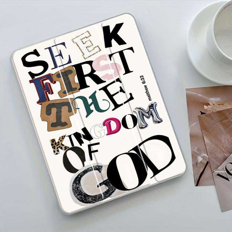 Vintage Stylish Seek First God's Kingdom iPad Folding Stand Case, Transparent Acrylic Hard Back with Pencil & Charger Slots, for iPad 10.2 inch 2019/2021, Mini, Pro, Air, Scratch-Resistant Ultra-Thin, Shockproof Full Protection Case, Tablet Accessories