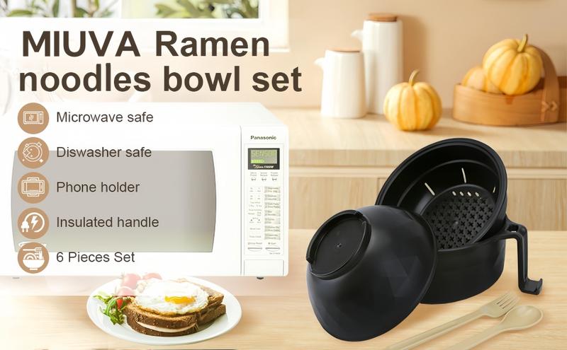 MIUVA Ramen Bowls Set with Microwave Soup Bowl Ramen Cooker BPA-Free Dishwasher Safe Includes Chopsticks Spoon Eco-Friendly PP Materials Quick Convenient Tableware Sets Thanksgiving tableware Value Pack Christmas Gift Set Stock Up  Filter Cover