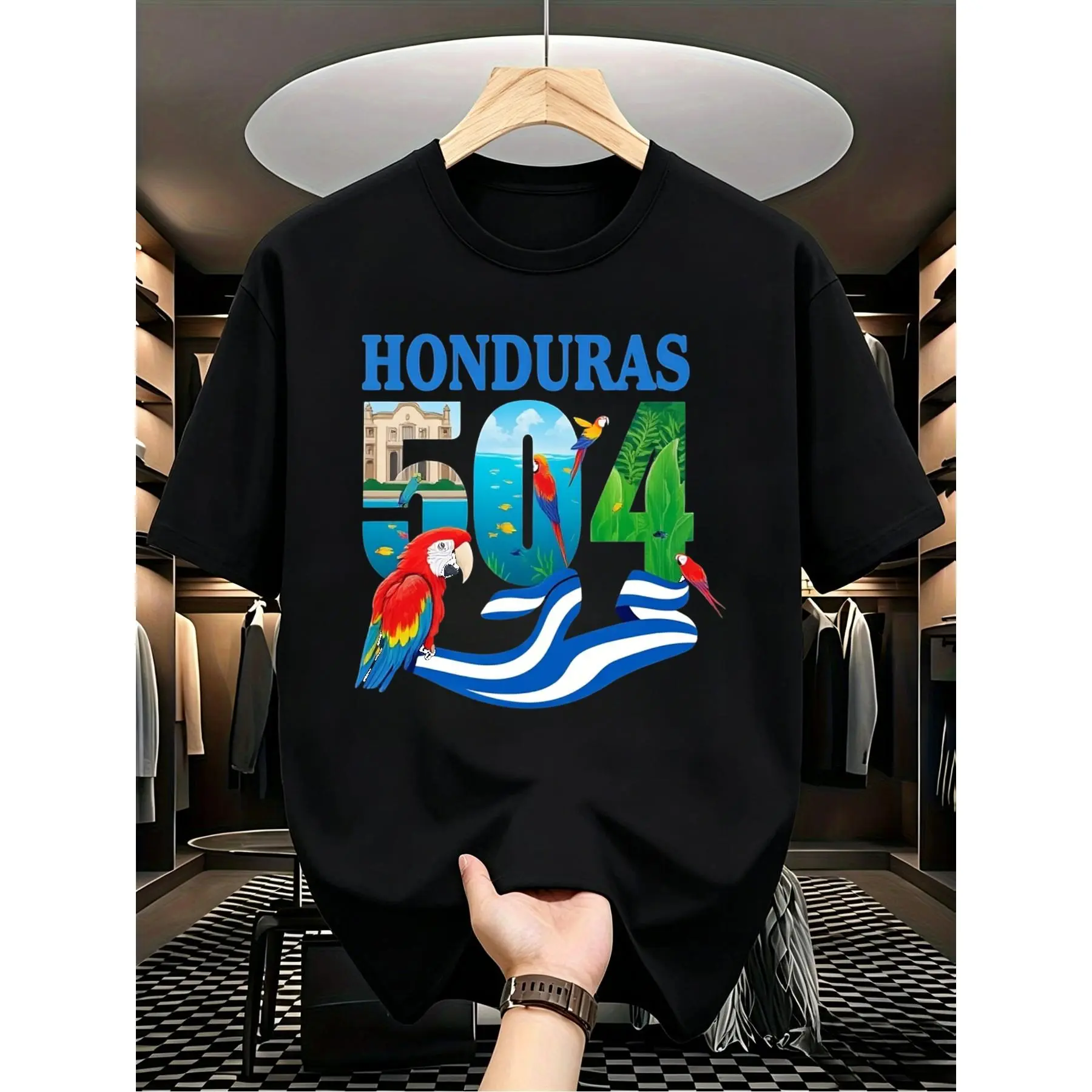 1pc Male Graphic T Shirt Honduras 504 Parrot Beach Scenic Print Short Sleeve Crew Neck for Teenagers, for Teenager