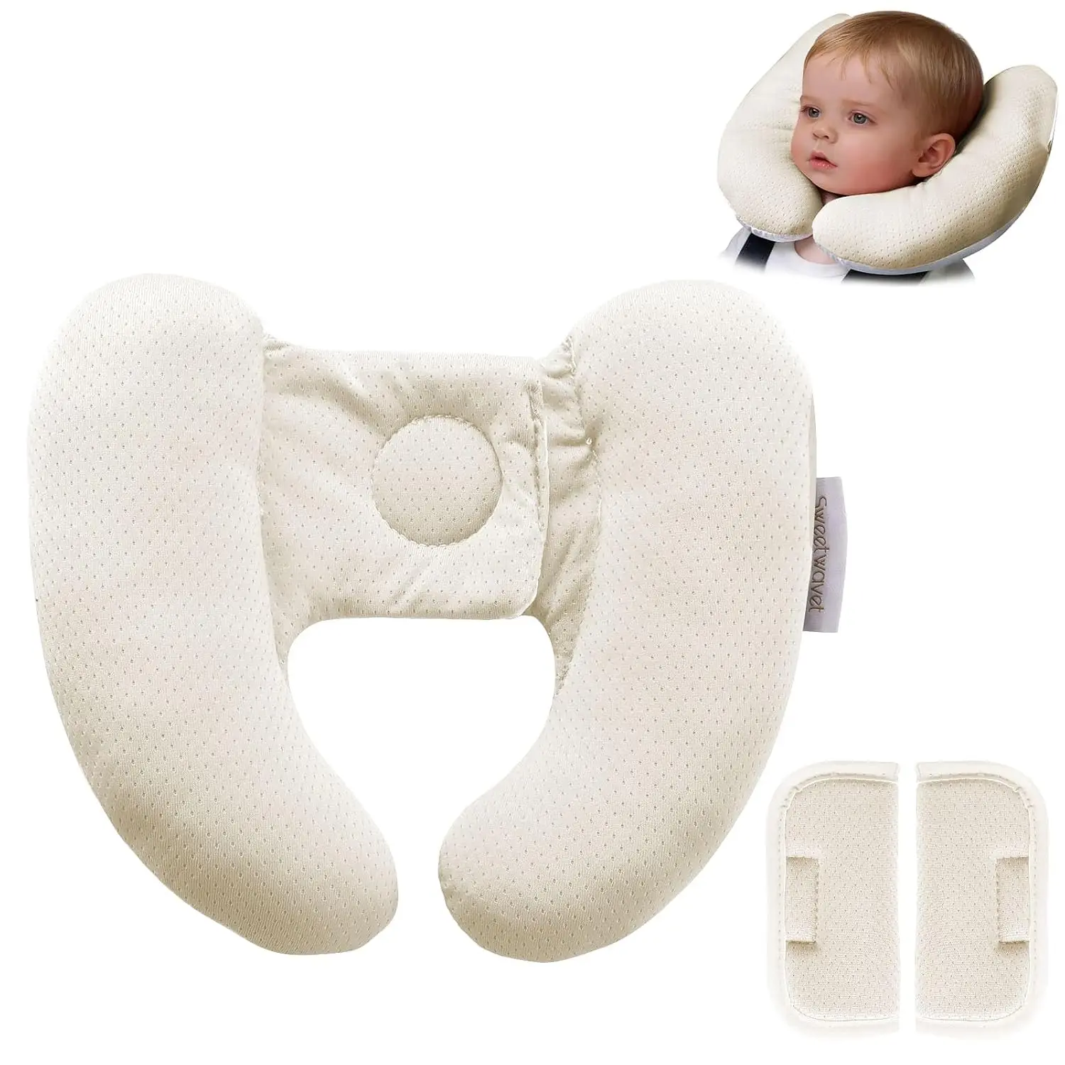 Baby Neck Pillow for Car Seat and, Baby Head Pillow for Travel, Soft and Cushiony Torticollis Pillows for Infant and (Beige)