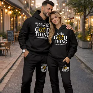 Couple's “Good Thing” Proverbs Print Hoodie and Sweatpants Set, Casual Sportswear, Long-Sleeve Hooded Jacket and Pants, Suitable for Autumn, Winter, and Spring, Everyday Wear, Tracksuit