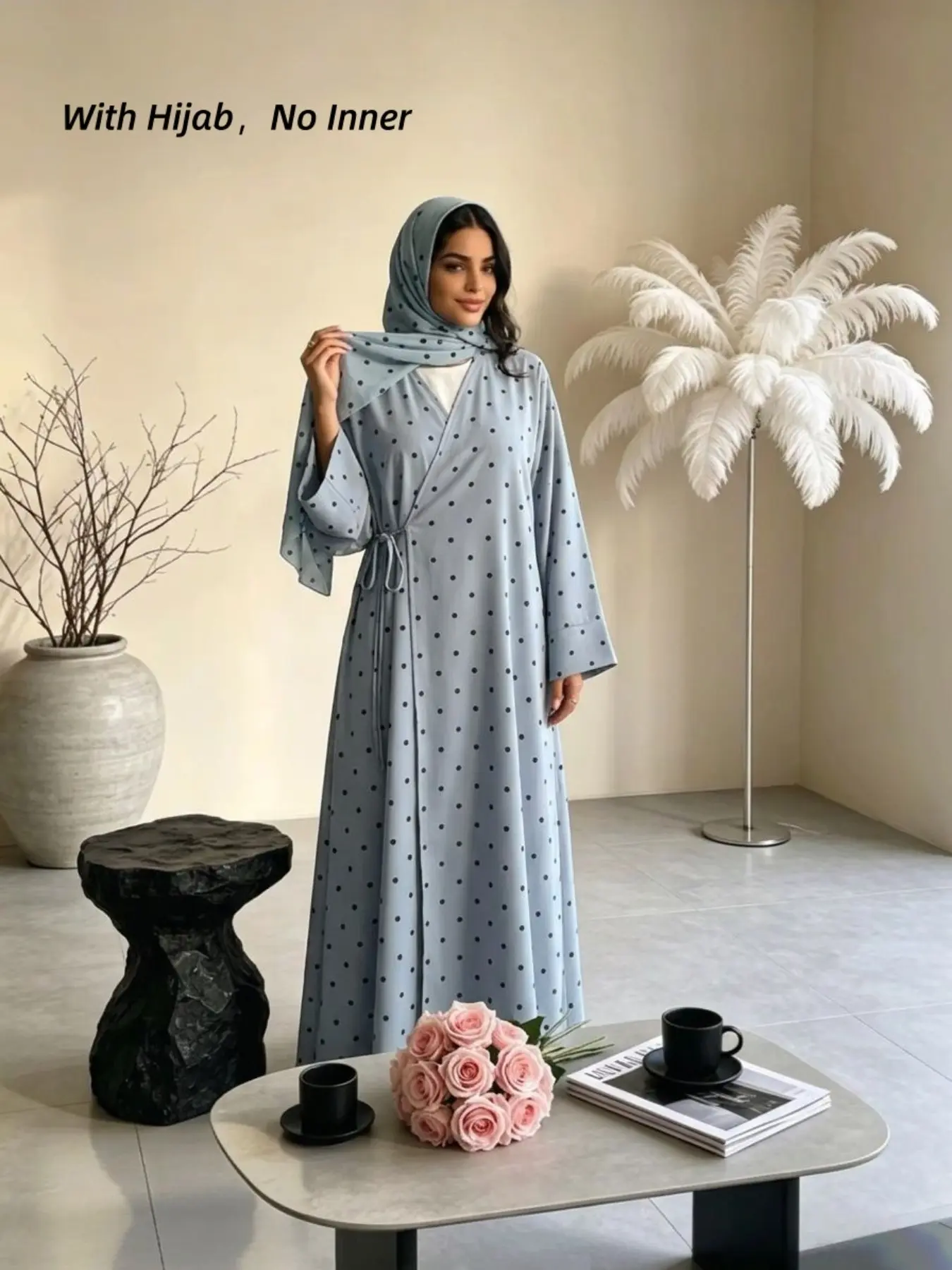 Lm138 Muslim Polka Dot Long Robe Cardigan with Side Tie and Hijab Set, Modest Loose-Fit Top for Daily Wear, All Seasons