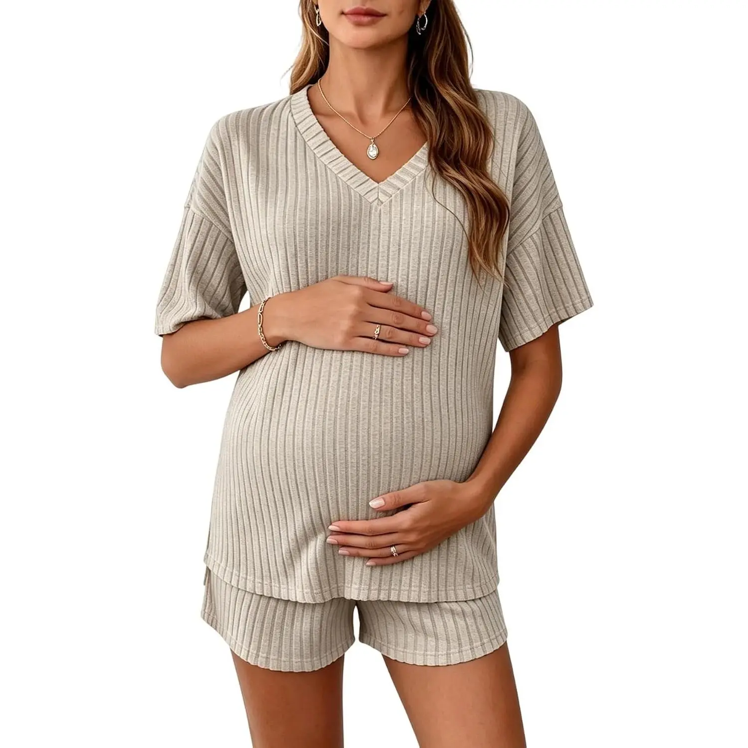 Women's Maternity 2 Piece Sets Summer Rib Knit Top and Short Mama Clothes,Lounge,Short Sleeve Tee Shirt,Pregnancy Pajamas,Bump Friendly Outfits