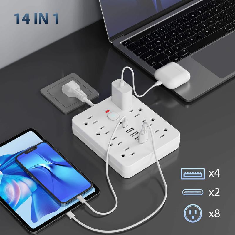 14-in-1 Multifunctional Power Strip with Switch and Surge Protection - 8 AC Outlets, 4 USB Ports and 2 Type-C Ports - Power Socket Extender for Home, Office & Travel #TOP PICKS