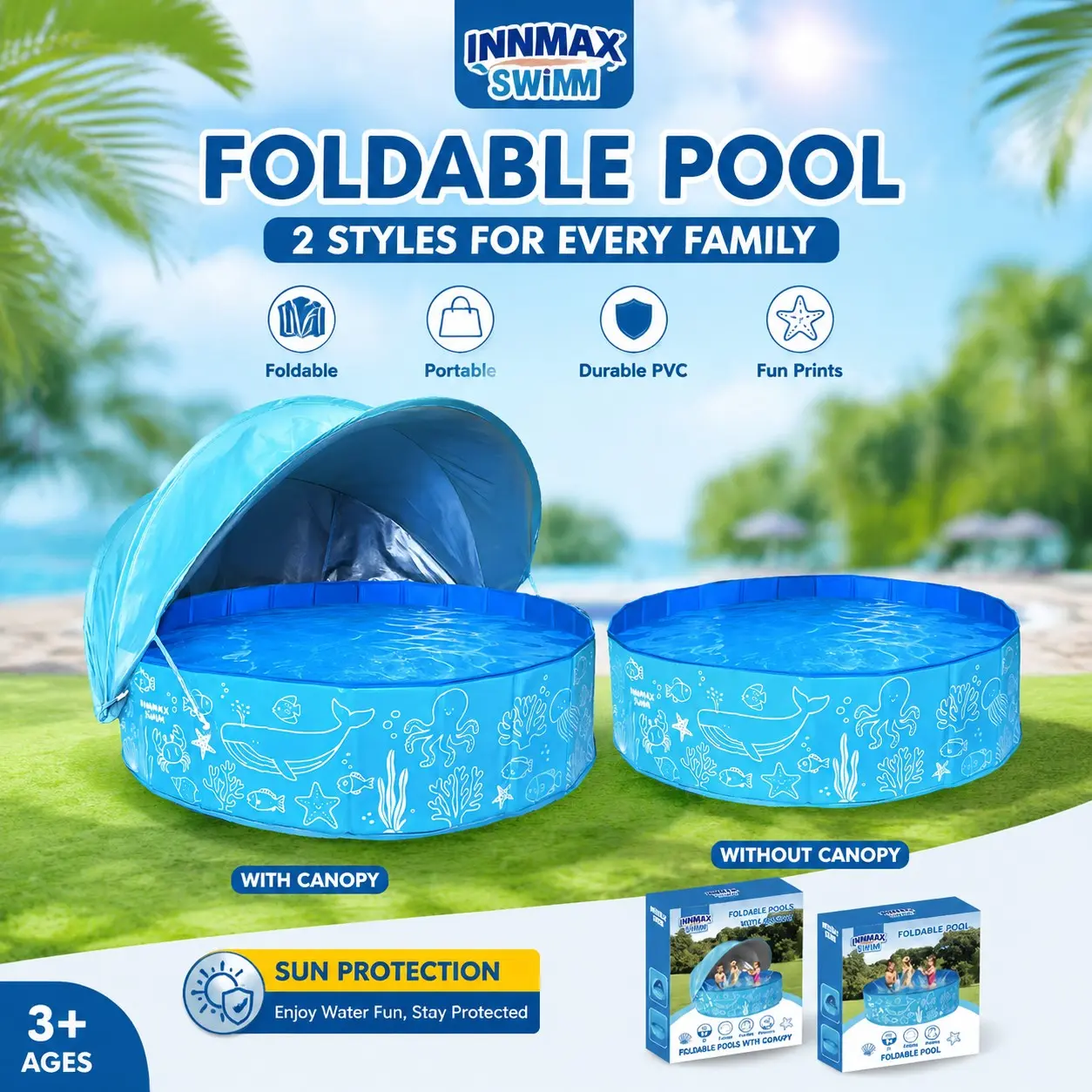 Kiddie Pool with Canopy 47 In, Foldable Kids Pool, Summer Water Play, Portable Non-Slip, Outdoor, Beach, Backyard, Dog Pool, Swimming Pool Portable #GLOBAL PICKS