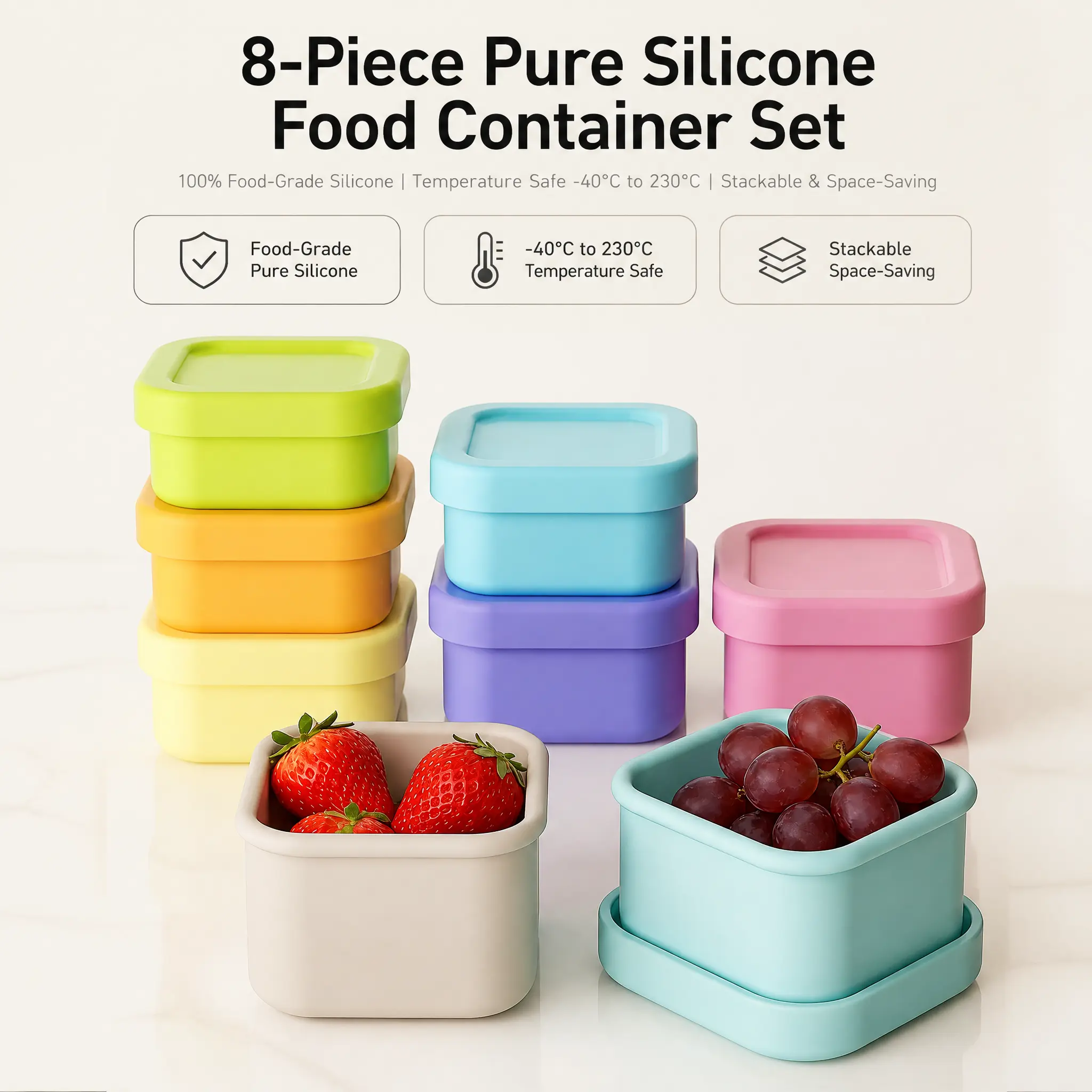 Littleox 8 Piece Silicone Food Container Set Temperature ResistantStackable Storage Boxes Leakproof Sauce Cups Meal Prep Snack Containers for Kids Lunch Office Prep