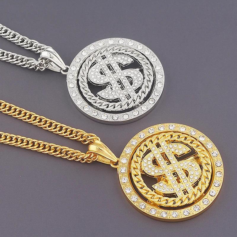 Big Rotatable US Dollar Money Sign Pendant Necklace Rapper Hip Hop Punk Long Chain Women's Statement Gift Jewelry