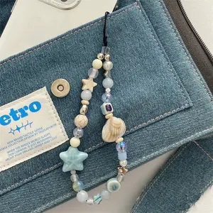 INS Blue Star Seashell Beaded Phone Strap Cute Charm Chain Flower Phone Lanyard Keychain Woman Girl Bag Pendant For iPhone Case