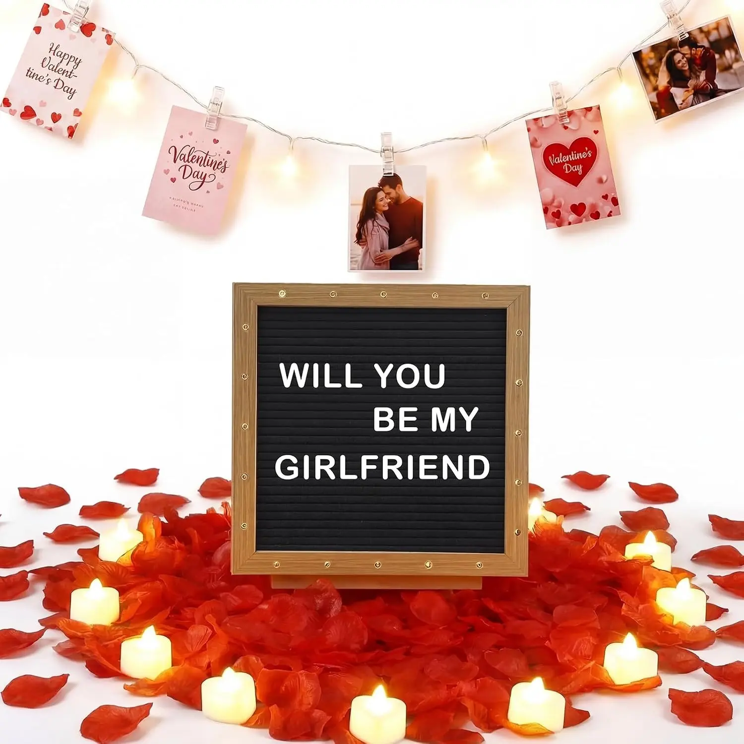 Felt & Wooden LED "Will You Be My Girlfriend" Sign Set, Office Desk Decor Accessory with Wood Frame, Photo Clips, String Lights, Rose Petals, Heart Candles for Proposal, Anniversary