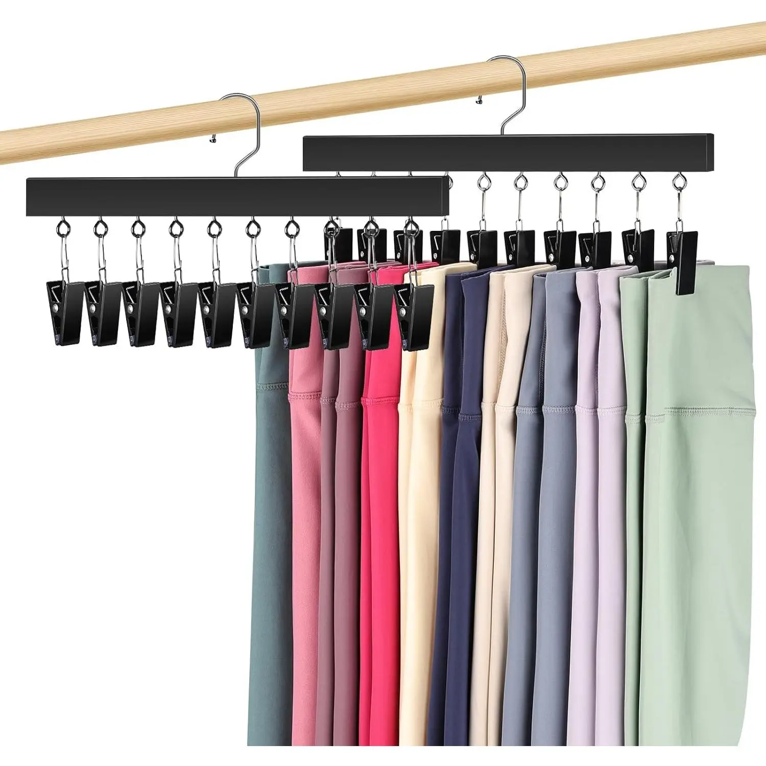 2 Pack Legging Hanger for Closet, Non-Slip Clips, Holds 20 Leggings | Upgraded Wooden Leggings Hangers, 360° Rotatable & Space Saving, Designed for Yoga Pants, Socks, and Lightweight Clothing