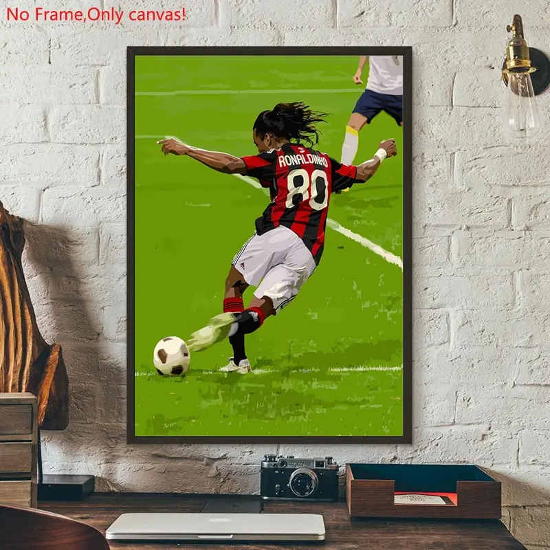 1 piece/set frameless canvas painting print poster, Classic Football player art, Ronaldinho kicking a soccer ball, a perfect gift for football loves, ideal gift for bedroom, living room, dorm hallway, kitchen, mural, wall decoration, room decor