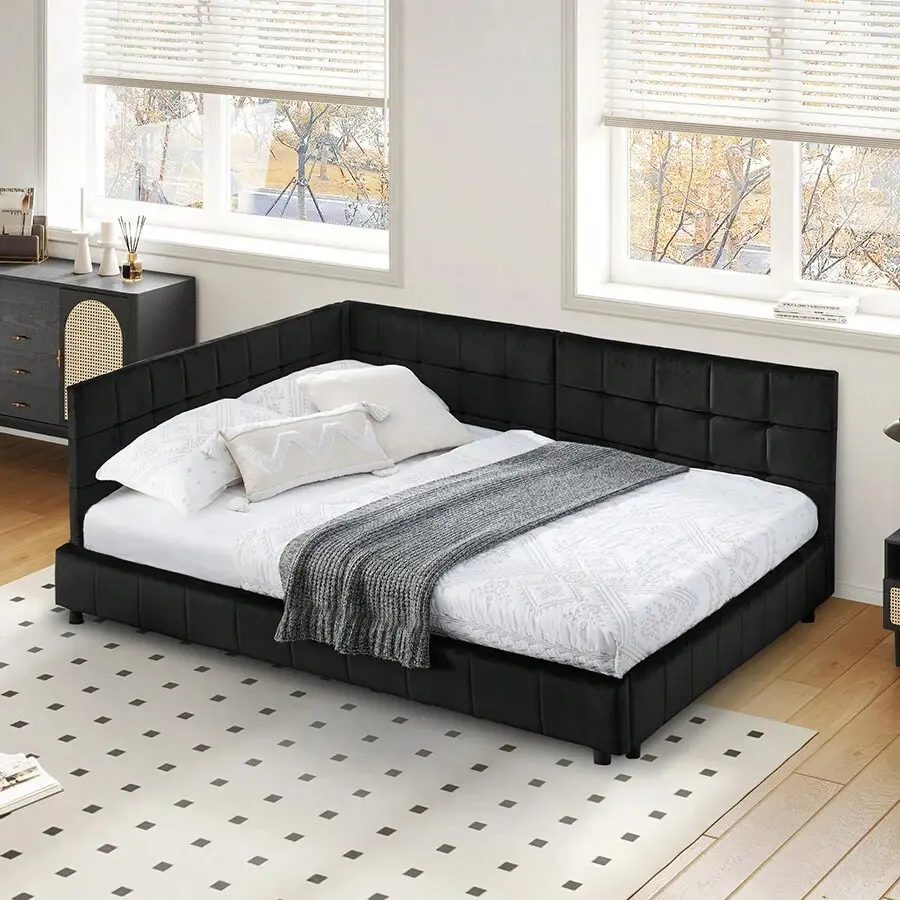 Full L-Shape Corner Bed Frame, Velvet Upholstered Tufted Daybed With Slat, Floor Platform Bed With Soft Headboard Bedroom Nook, No Box Needed, Black