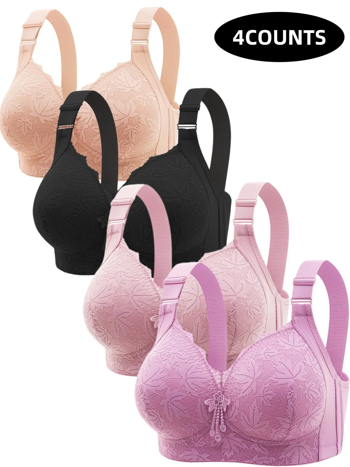 4-Pack Wireless Lace Push-Up Bras, Elegant Seamless Comfort Fit, Daily Wear Underwear, Breathable Soft Fabric, Full Coverage All-Day Support, Clothes Chic