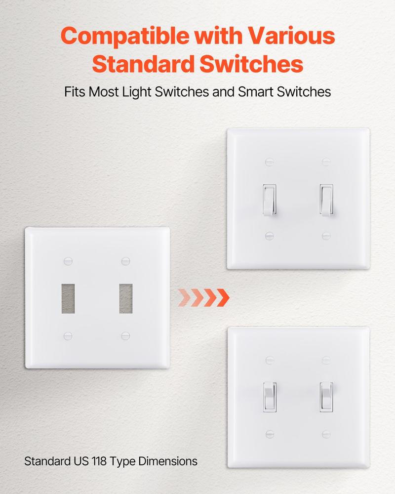 VEVOR Toggle Light Switch Wall Plates, 2-Gang Switch Electrical Outlet Covers, Standard Size 4.61in L x 4.53in H Unbreakable Polycarbonate Thermoplastic Faceplate for Receptacle Outlet&Switch(5 Pack, White)