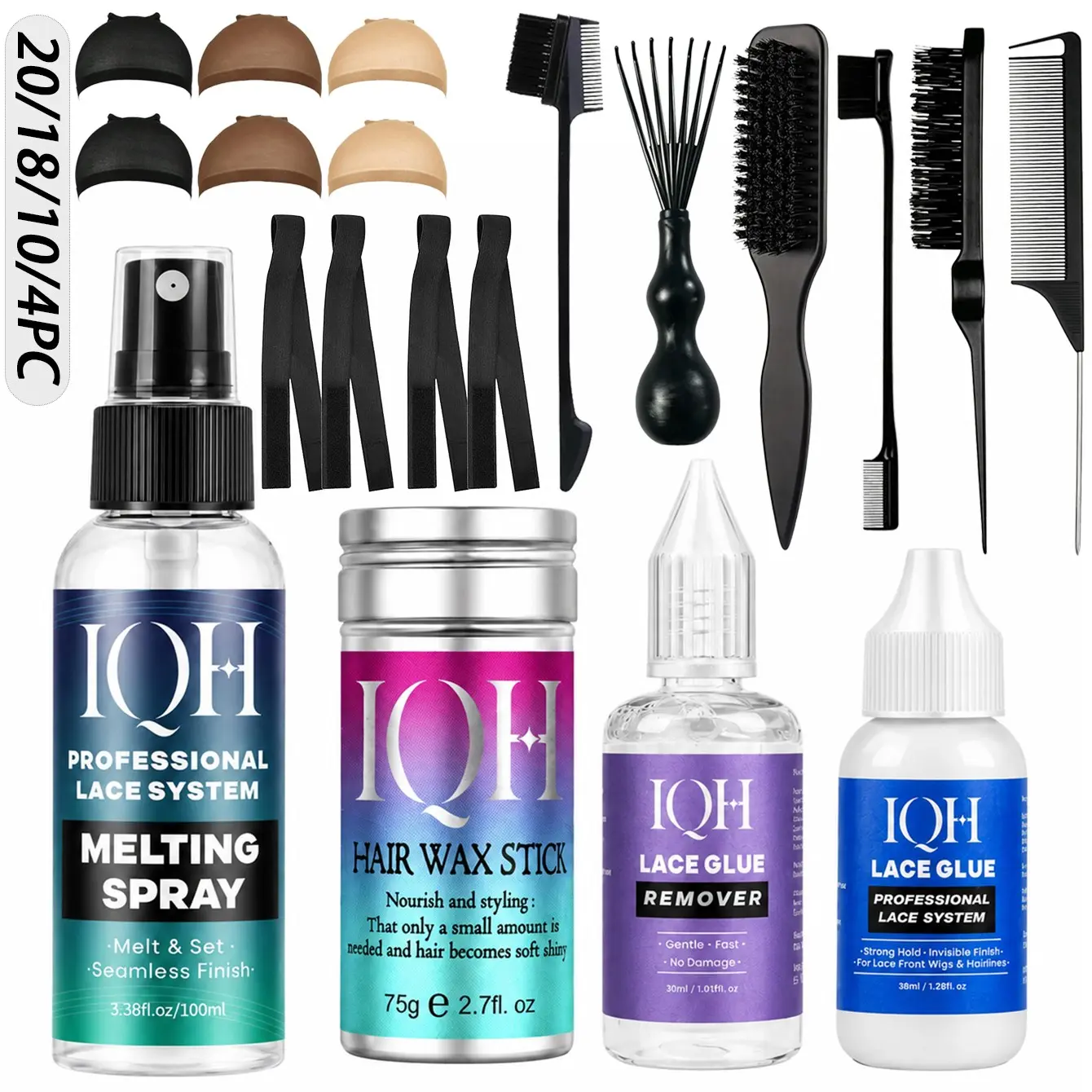 [Complete Wig Install Kit]20/18/10/4PCS Options 💜 Lace Glue, Melting Spray, Remover, Hair Wax Stick, Wig Caps & Edge Styling Tools For Lace Front Wig Install Wig Installation Kit
