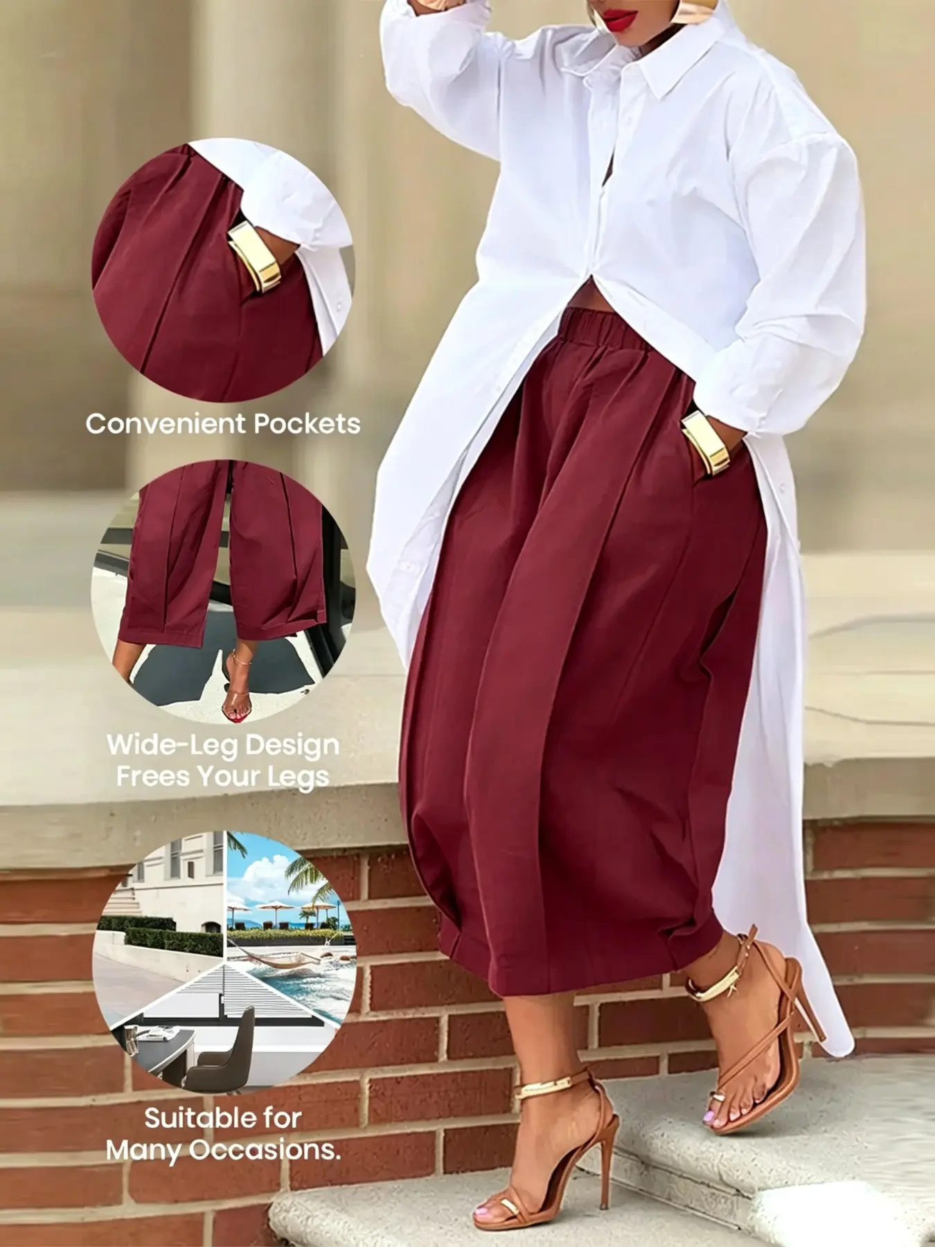 New Women's Solid Color Loose Fit Comfortable Casual Elastic Waist Slimming Seven-Eighths Wide Leg Pants, Spring & Fall Fashion