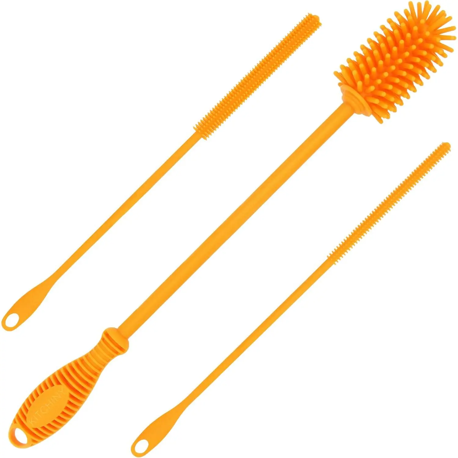 Silicone Bottle Brush with 2 Straw Cleaners - 12.5" Water Bottle Cleaner Brush for Yeti, Hydro Flask, Owala, Stanley, Baby Bottles, Glassware, Vases & Narrow Neck Containers - Orange
