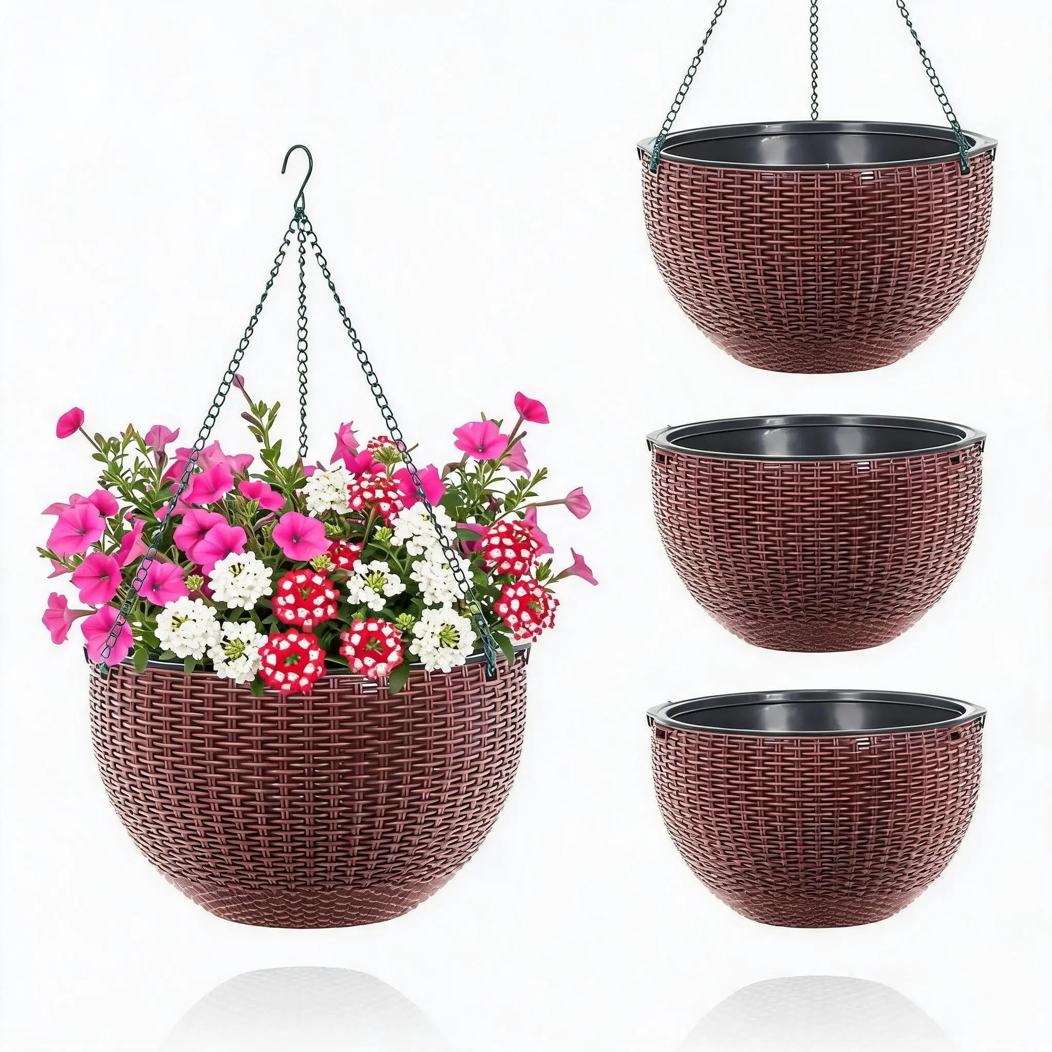 13.8 Inch Self Watering Hanging Planter, Round Resin Hanging Basket for Indoor Outdoor Plants, Rattan Look Flower Pot with Drainage Plug, Deep Inner Pot and Sturdy Metal Triple