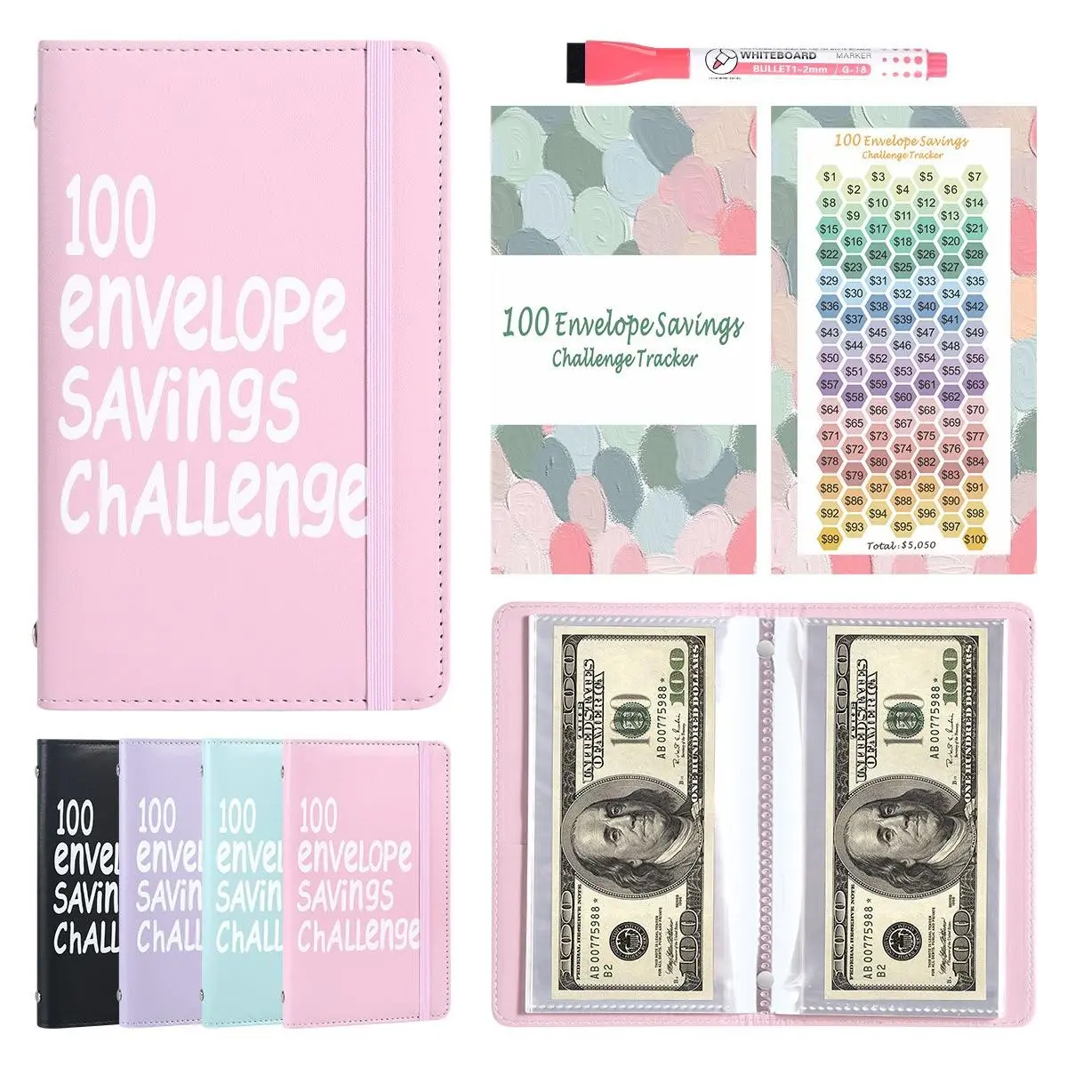 100 Envelopes Money Saving Challenge - A5 Money Saver Budget Binder Book with Cash Envelopes and Numbers, 100-Days of Easy and Funny Ways to Save $5,050 Cash Envelope Challenge Binder, Pink, Envelope Savings Books
