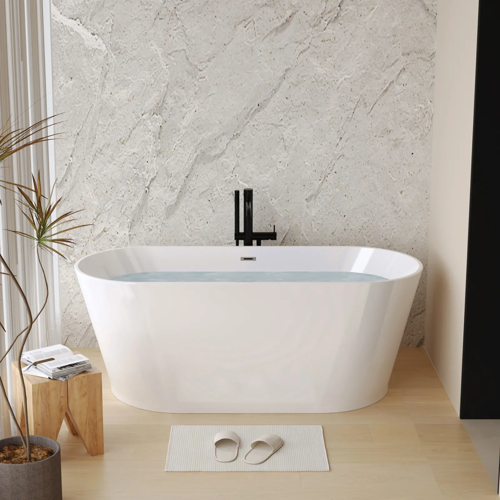 ARCH 55-Inch Acrylic Freestanding Soaking Bathtub, Glossy White Oval Stand-Alone Tub with Center Toe-Tap Chrome Drain, Contemporary Double-Wall Insulated Bath with Insulation, cUPC Certified, 55.1" L x 29.5" W x 23.6" H