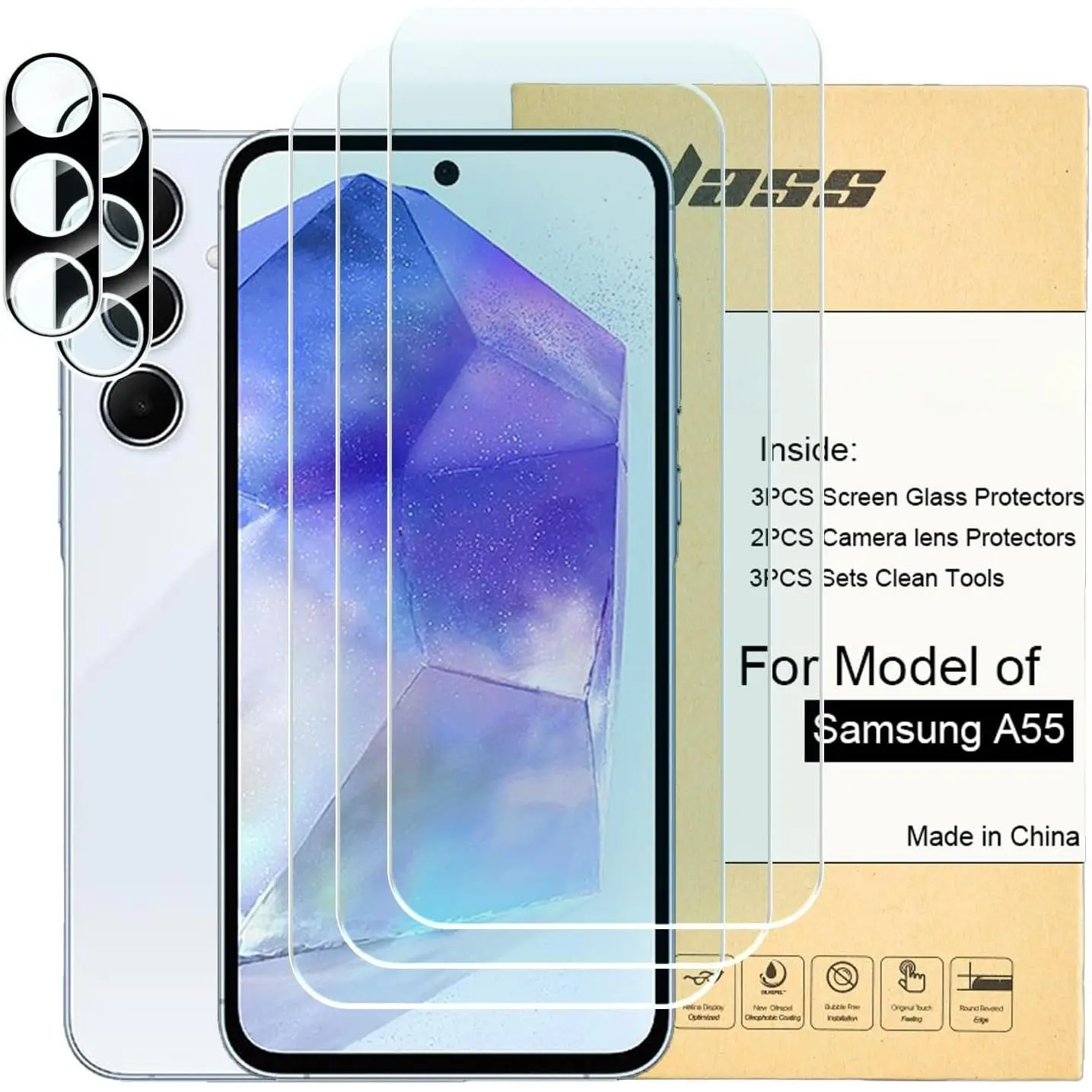 2Pack for  A55 Screen Protector,[6.6 inch Display] 3Pack Screen Protector and 2 Set Camera Lens Protector,2.5D Curved Edges, Case Friendly Tempered Glass Film,[9H Hardness]
