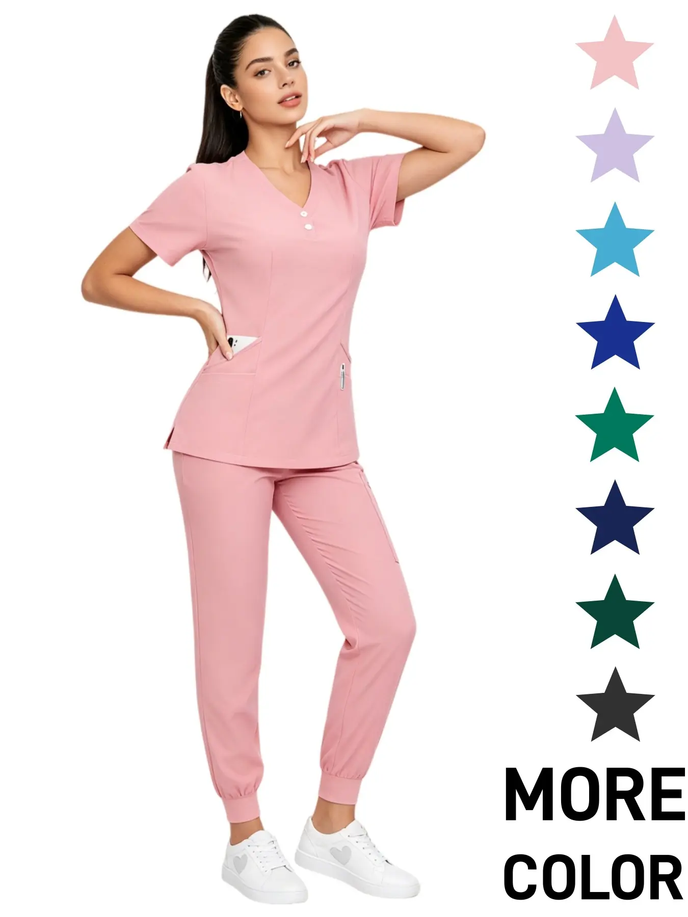 Unisex, Workwear, Casual V Neck Stretch Medical Scrub Set Sweat Wicking Wrinkle Free Stain Resistant Non See Through Quick Dry Anti Fade With Multi Large Tool Storage Pockets For Nurse Doctor Dentist Vet Tech Nursing Student Lab Staff Long Hour Hospita