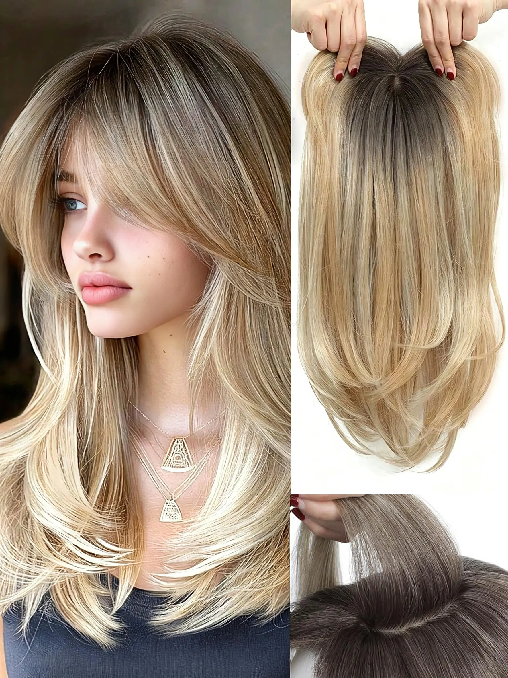360° 3D Cover Hair Topper with Bangs, 22 Inch Ombre Dark Root to Blonde, Synthetic Wavy Hair Toppers for Women, Invisible Wiglets for Daily Wear