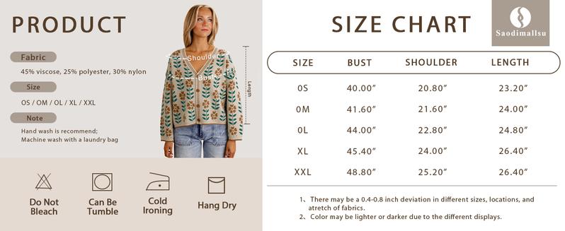 Saodimallsu Womens Floral Print V Neck Cardigan Open Front Button Down Knit Sweater Long Sleeve Loose Fashion Tops
