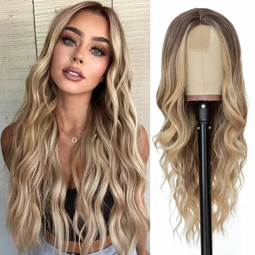 Amazon cross-border European and American new wig, middle-parted gradient yellow long curly hair women's big wave wig, rose net