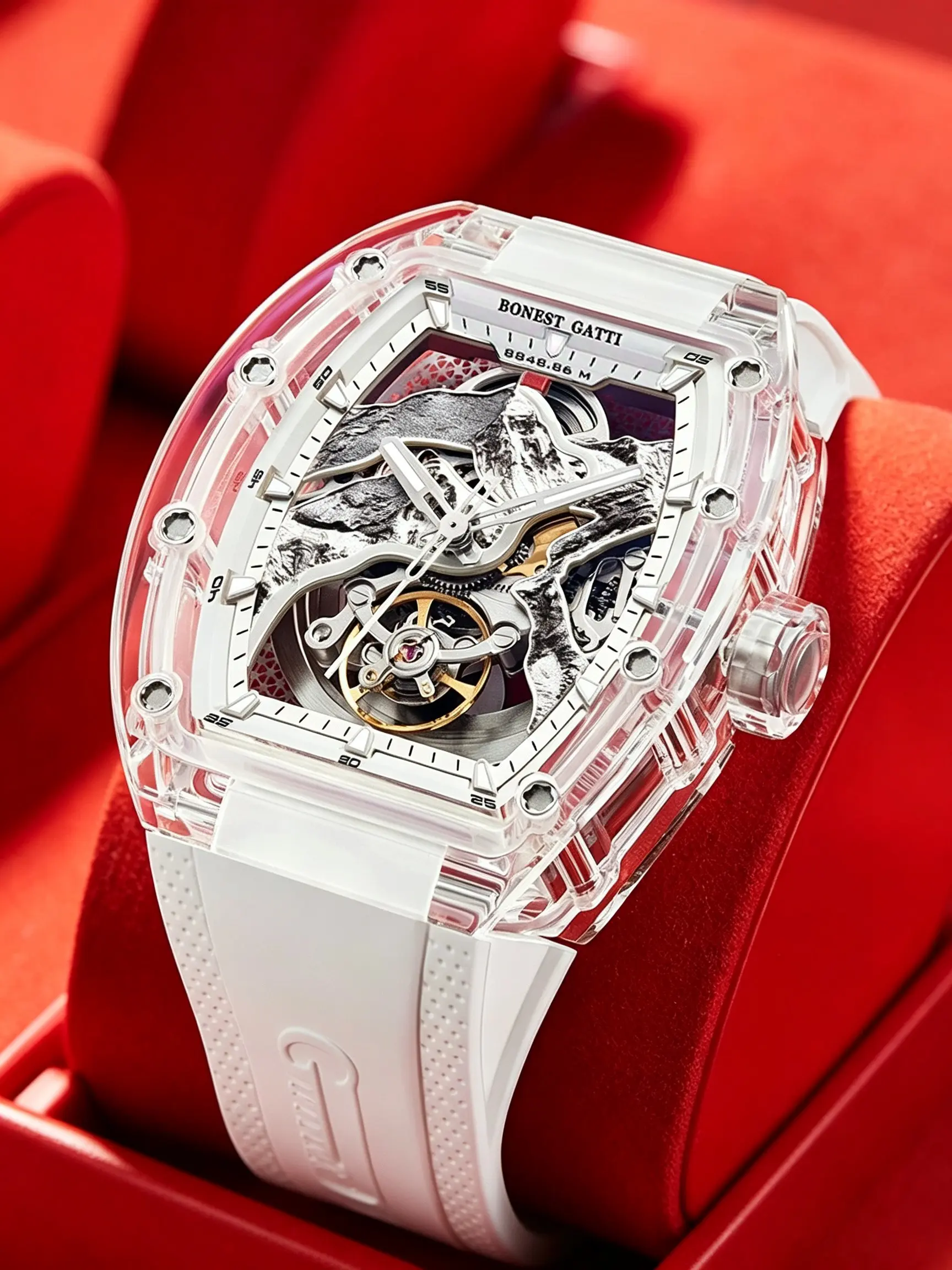 Bonest Gatti Everest Series Automatic Mechanical Men's Watch, Transparent Crystal, 3D Relief Snow Mountain, Luxury Business Sports Watch, Gift Bg6001