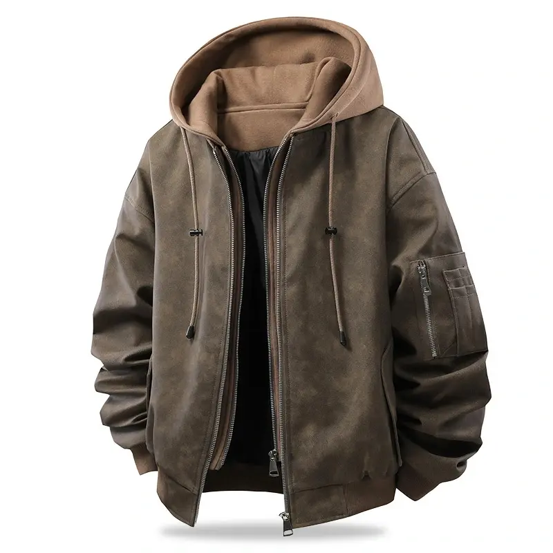 Fashion Leisure All-match Fake Two Piece Hooded Bomber Jacket Men Double Zip Closure Multi Pocket Design Oversized Silhouette Daily Casual Windproof Outer Coat # sohochic