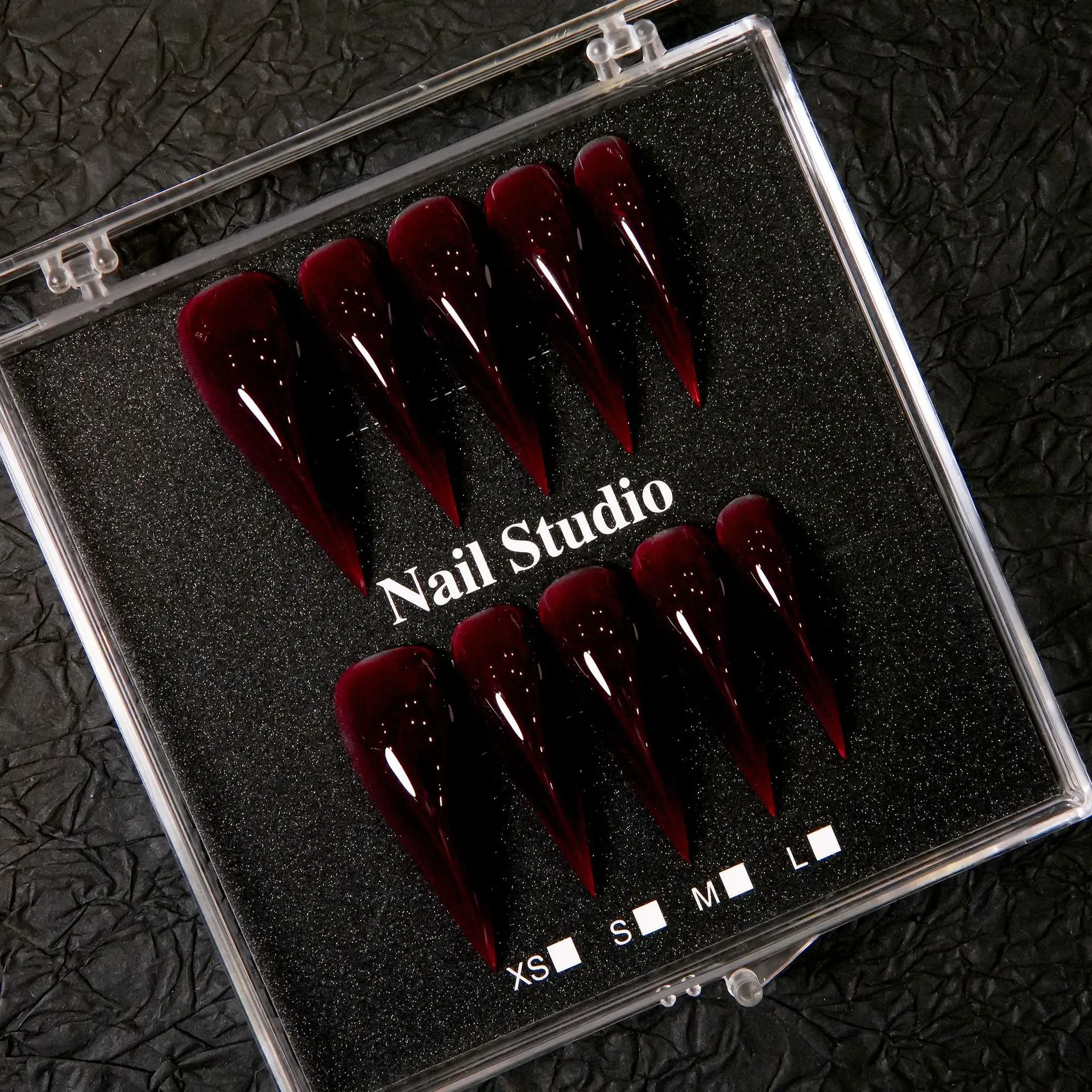 Handmade Sheer Wine-Red Shimmer Extra-Long Stiletto Press-On Nails, Dark Burgundy Solid-Color Reusable Removable Gothic Vibe Nail Art Accessories