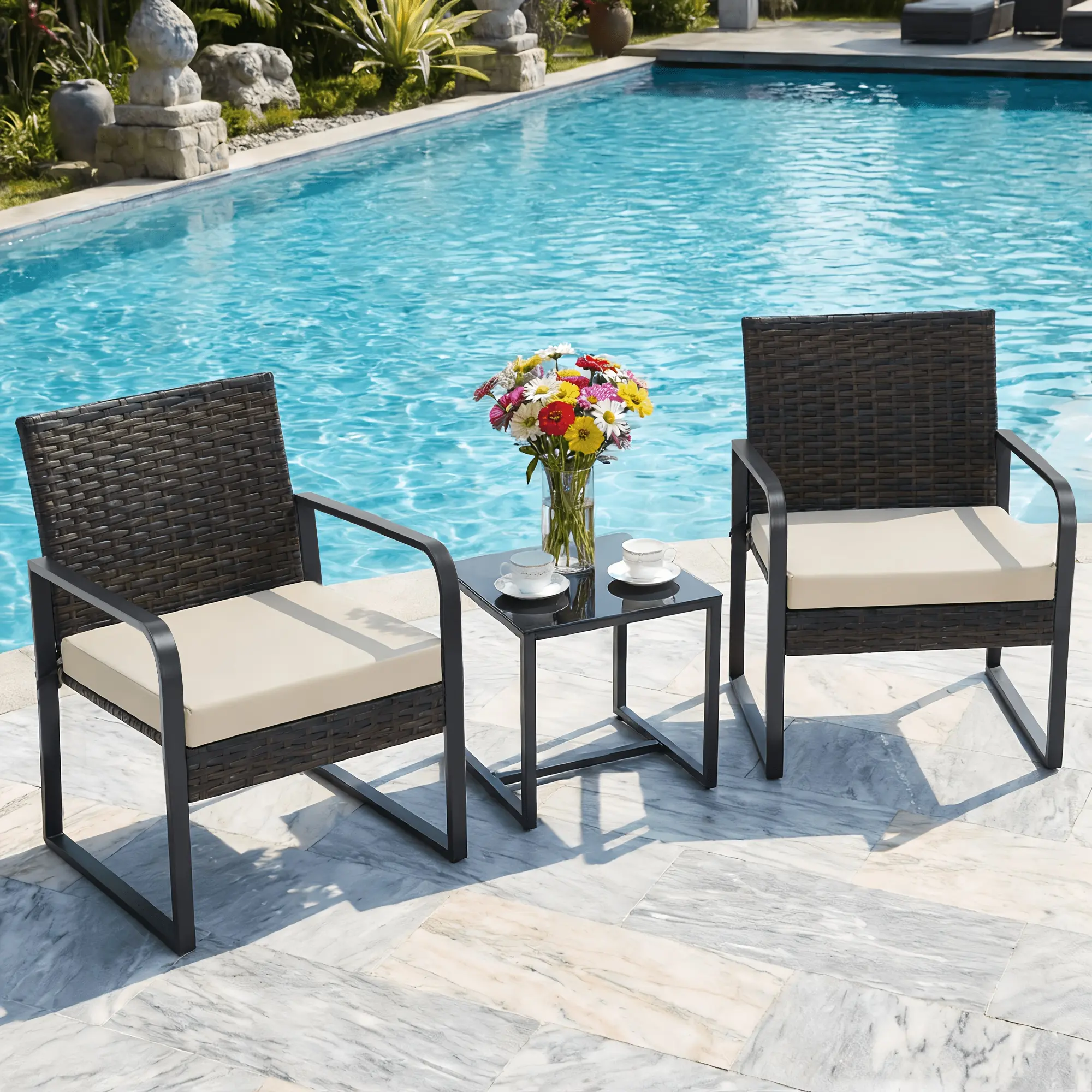 3pcs Outdoor Furniture Set, Rattan Bistro Set with Coffee Table, Sturdy Steel Frame with Cushions for Garden, Balcony, Poolside, And Backyard