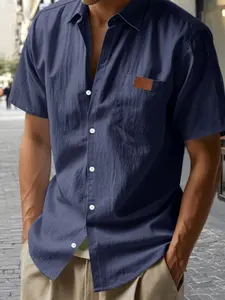 Men's Hawaiian Style Linen Shirt, Loose Fit Casual Henry Collar Short Sleeve, Plain Surface, All Seasons, Unlined, Fitted