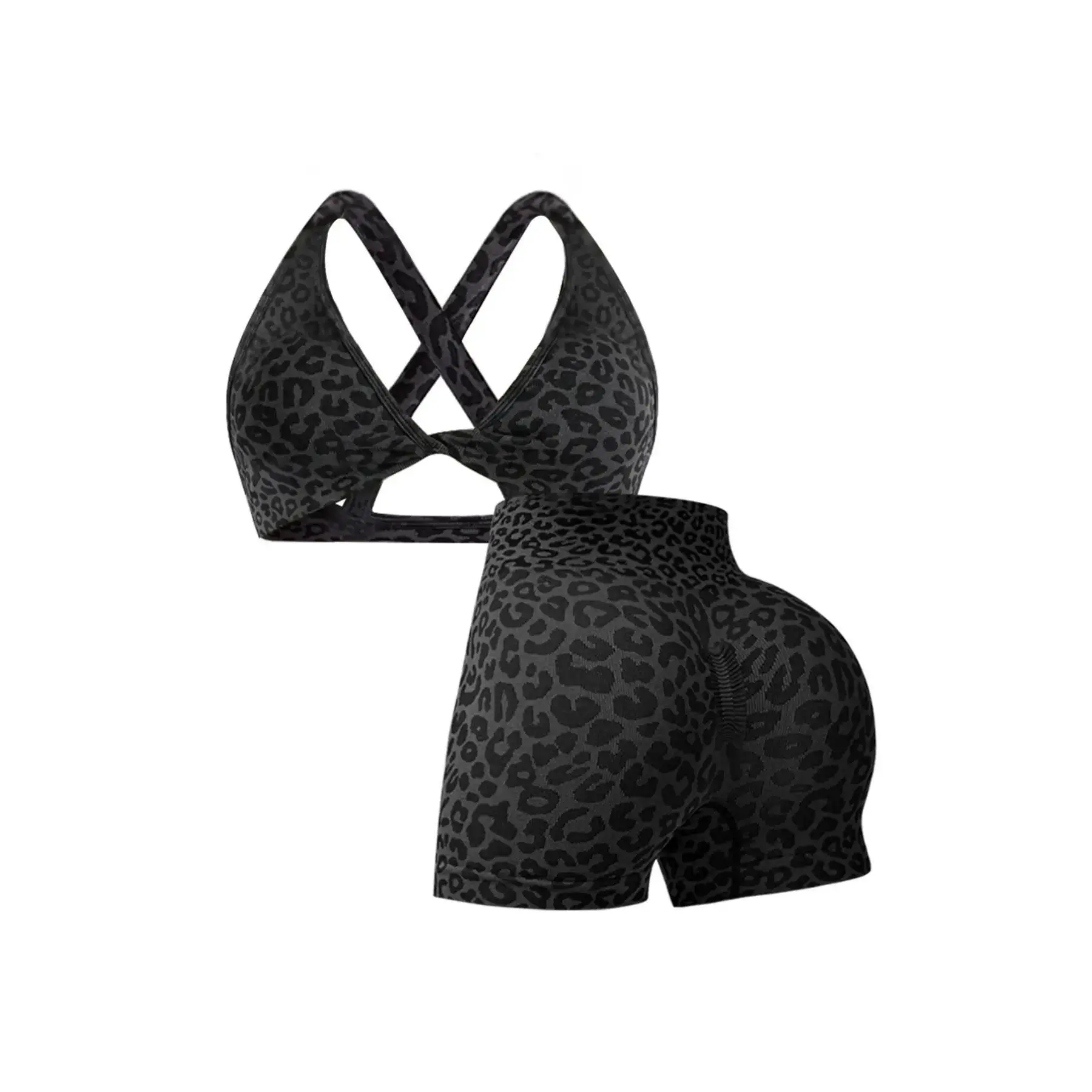 Women's Leopard Print Sports Set, Sporty Bra and High Waist Tight Shorts for Fitness and Daily Exercise