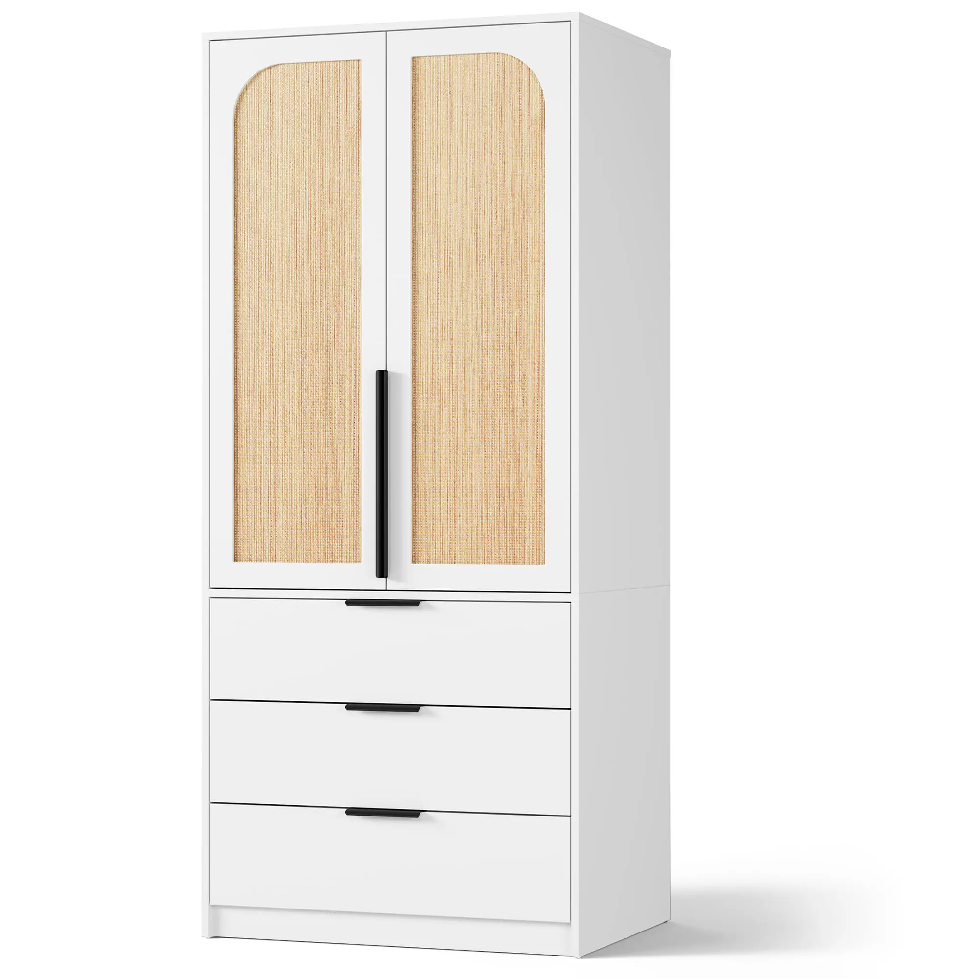 Wooden Armoire Wardrobe Closet with Rattan Doors - 3 Drawers & Hanging Rod - 69.5" Tall Large Capacity Bedroom Storage Cabinet - Clothing Organizer for Clothes, Pantry, Laundry Room - White/Natural/Black(2 Boxes)